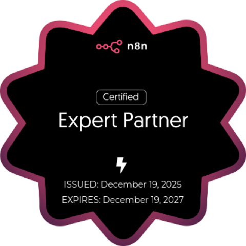 n8n Certified Expert Partner badge, issued December 2025